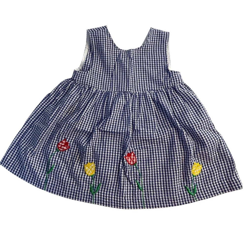 Vintage 90s Samara Navy Gingham Tulip Embroidery seersucker dress 4T cottagecore